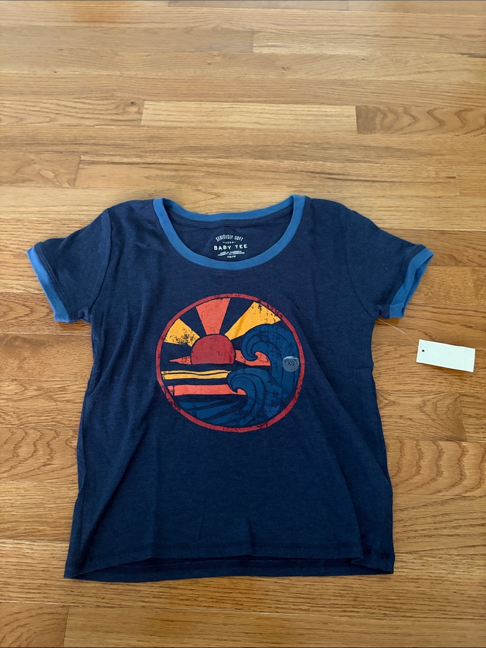 Aeropostale Navy Blue Graphic Crop Tee with Sunset Wave